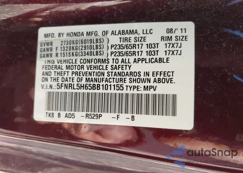 2011 Honda Odyssey Ex-L from USA, damaged, VIN 5FNRL5H65BB101155